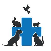 Illustration depicting pets as silhouettes against a blue cross background. vector