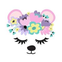 The face of a cute bear, a wreath of flowers on his head. Eyes closed and smiling. Vector illustration on a white background