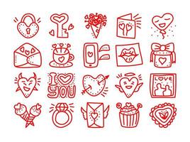 conjunto de iconos de vector de doodle de día de San Valentín dibujados a mano. día de san valentín corazones de amor, tazas, flores, pastelitos, bebidas, cartas, globos, candados, íconos de mensajes