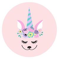 PrintThe face of a cute unicorn, a wreath of flowers on his head. Eyes closed and smiling. Vector illustration on a pink background