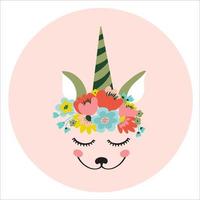 The face of a cute unicorn, a wreath of flowers on his head. Eyes closed and smiling. Vector flat illustration