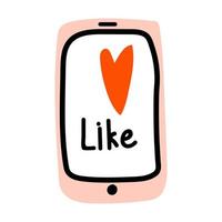 Valentines Day doodle icon mobile phone with heart and Lettering Like. Internet Love decoration. Hand drawn, line art, flat and lettering vector for web, banner, card, sticker