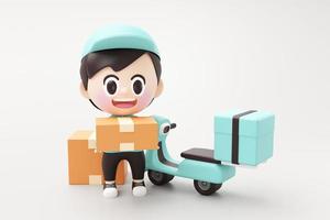 lindo repartidor con scooter o motocicleta parado sobre fondo blanco y llevando cajas de cartón ilustración 3d renderizado foto