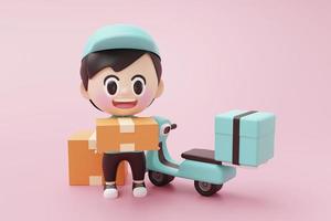 lindo repartidor con scooter o motocicleta parado sobre fondo rosa y llevando cajas de cartón ilustración 3d renderizado foto