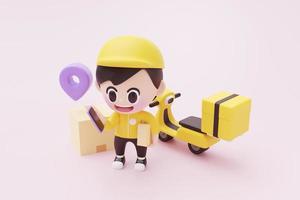 Delivery Man holding smartphone find location online delivery transportation logistic concept cartoon on pink background illustration 3D rendering photo