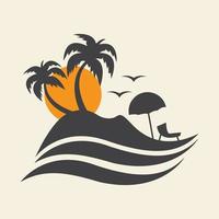 puesta de sol en la playa con cocotero y ola vintage logo vector icono símbolo diseño gráfico ilustración
