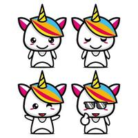 establecer una colección de adorables personajes de diseño de mascotas de unicornio. Aislado en un fondo blanco. concepto de paquete de idea de logotipo de mascota de personaje lindo vector