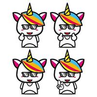 establecer una colección de adorables personajes de diseño de mascotas de unicornio. Aislado en un fondo blanco. concepto de paquete de idea de logotipo de mascota de personaje lindo vector