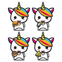 establecer una colección de adorables personajes de diseño de mascotas de unicornio. Aislado en un fondo blanco. concepto de paquete de idea de logotipo de mascota de personaje lindo vector