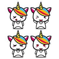 establecer una colección de adorables personajes de diseño de mascotas de unicornio. Aislado en un fondo blanco. concepto de paquete de idea de logotipo de mascota de personaje lindo vector