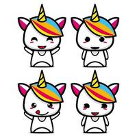 establecer una colección de adorables personajes de diseño de mascotas de unicornio. Aislado en un fondo blanco. concepto de paquete de idea de logotipo de mascota de personaje lindo vector