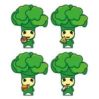 Set collection of cute broccoli mascot design character. Isolated on a white background. Cute character mascot logo idea bundle concept vector