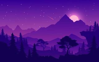 Night in coniferous forest with mountain, rising moon, and stars vector