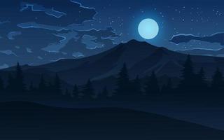 escena nocturna de montaña con nubes llenas, luna llena y estrellas vector