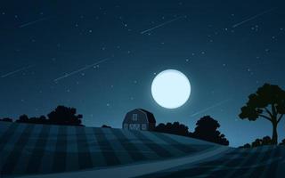 noche en el campo con estrellas fugaces, granero y luna llena vector