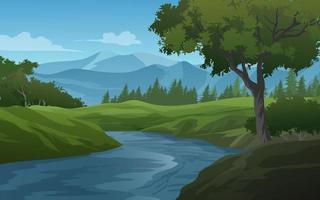 paisaje natural con montañas y un árbol junto al río vector