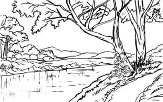 paisaje de bosque rural con ilustración de bosquejo de río vector