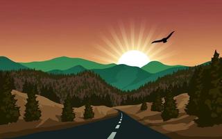 camino hacia el paisaje montañoso con bosque de pinos, amanecer y águila vector