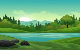 bosque mañana paisaje con lago vector