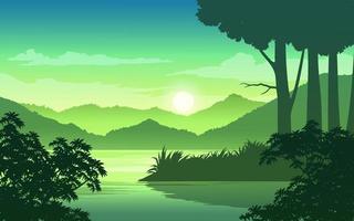 amanecer paisaje de bosque y lago con colinas vector