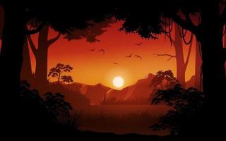 Sunset scene in forest. Glowing forest sky. Sunset silhouette landscape