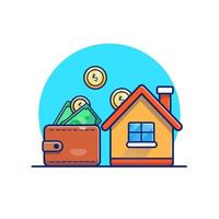 casa con billetera y dinero ilustración de icono de vector de dibujos animados. concepto de icono de finanzas de construcción vector premium aislado. estilo de dibujos animados plana