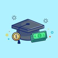 ilustración de icono de vector de dibujos animados de beca, gorra de graduación y dinero. concepto de icono financiero de educación vector premium aislado. estilo de dibujos animados plana