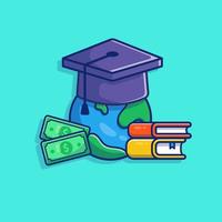 Scholarship, World, Graduation Cap, Money And Book  Cartoon Vector Icon Illustration. Education Financial Icon  Concept Isolated Premium Vector. Flat Cartoon Style