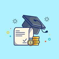 ilustración de icono de vector de dibujos animados de beca, gorra de graduación, certificado y moneda. concepto de icono financiero de educación vector premium aislado. estilo de dibujos animados plana