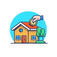 casa con mano y moneda de oro ilustración de icono de vector de dibujos animados. concepto de icono de finanzas de construcción vector premium aislado. estilo de dibujos animados plana