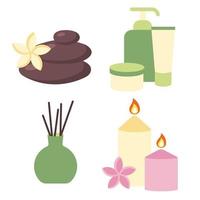 Set of elements for spa and relaxation. Zen stones, cosmetic creams, essential oil diffuser and aroma candles. Accessories for relax, meditation and personal care. Beauty and massage salon equipment vector