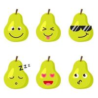 Set of pear emojis. Kawaii style icons, fruit characters. Vector illustration in cartoon flat style. Set of funny smiles or emoticons. Good nutrition and vegan concept. illustration for kids