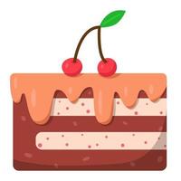 Cake slice with cream and cherries. Cute illustration in cartoon flat style. Happy Birthday greeting card design element. Vanilla and chocolate cake vector