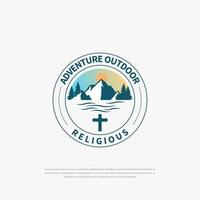 logotipo de montaña vintage con cruz cristiana para iglesia o capilla religiosa, símbolos, iconos vector