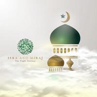 Isra and mi'raj greeting islamic illustration vector design with mosque, moon, clouds and islamic arabic calligraphy mean two parts of Prophet Muhammad's Night Journey for background and banner