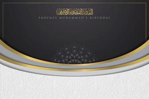 Mawlid Al-Nabi Greeting Card islamic pattern vector design with glowing gold arabic calligraphy with crescent. also can used for background, banner, cover. the mean is  Prophet Muhammad's Birthday