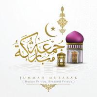 Jummah Tayibah glowing gold arabic calligraphy with floral pattern vector design and mosque. also can used for card, background, banner and cover, wallpaper. the mean is  Blessed Friday, Happy Friday