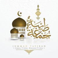 jummah tayibah caligrafía árabe de oro brillante con diseño de vector de patrón floral y mezquita. también se puede usar para tarjeta, fondo, banner y portada, papel tapiz. el medio es bendecido viernes, feliz viernes