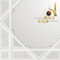 Jummah Mubarak glowing gold arabic calligraphy with floral pattern vector design and crescent. also can used for card, background, banner, wallpaper and cover. the mean is  Blessed Friday