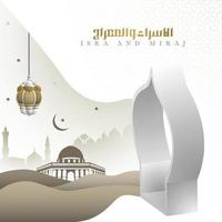 Isra Mi'raj greeting islamic illustration vector design with arabic calligraphy, lanterns and clouds for background, wallpaper, banner, card. Translation of text Prophet Muhammad's Night Journey.