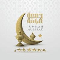 jummah tayibah caligrafía árabe de oro brillante con diseño de vector de patrón floral y mezquita. también se puede usar para tarjeta, fondo, banner y portada, papel tapiz. el medio es bendecido viernes, feliz viernes