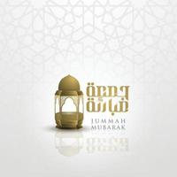 jummah mubarak caligrafía árabe de oro brillante con diseño de vector de patrón floral y luna. también se puede usar para tarjeta, fondo, pancarta, ilustración y portada. el medio es bendecido viernes