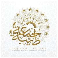 jummah tayibah caligrafía árabe de oro brillante con diseño de vector de patrón floral y mezquita. también se puede usar para tarjeta, fondo, banner y portada, papel tapiz. el medio es bendecido viernes, feliz viernes