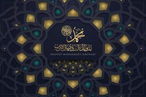 Mawlid Al-Nabi Greeting Card islamic pattern vector design with glowing gold arabic calligraphy with crescent. also can used for background, banner, cover. the mean is  Prophet Muhammad's Birthday