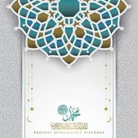 mawlid al-nabi tarjeta de felicitación diseño de vector de patrón islámico con caligrafía árabe de oro brillante con media luna. también se puede usar para fondo, pancarta, portada. la media es el cumpleaños del profeta mahoma