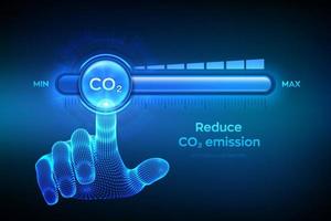 Carbon dioxide emissions control concept. Reduce CO2 level. Wireframe hand is pulling to the minimum position carbon dioxide progress bar. CO2 reduction or removal concept. Vector illustration.