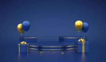 Blue round and cube podium. Scene, 3D platform with gold circle on blue background. Blank advertising pedestal with gift boxes with golden bows and festive helium balloons. Vector illustration.