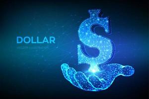 Dollar. Low poly abstract mesh line and point United States Dollar sign in hand. USD currency icon. American currency. Cash and money, wealth, payment symbol. 3D polygonal vector illustration.