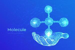 estructura de la molécula. molécula abstracta de baja poli en la mano. ADN, átomo, neuronas. moléculas y fórmulas químicas. formación científica para la medicina, la ciencia, la biología. ilustración vectorial poligonal 3d. vector