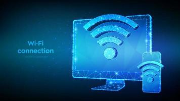 conexión inalámbrica concepto wifi gratuito. monitor de computadora poligonal bajo abstracto y teléfono inteligente con señal de wi-fi. símbolo de señal de punto de acceso. zona de conexión móvil. zona de evaluación pública. ilustración vectorial vector